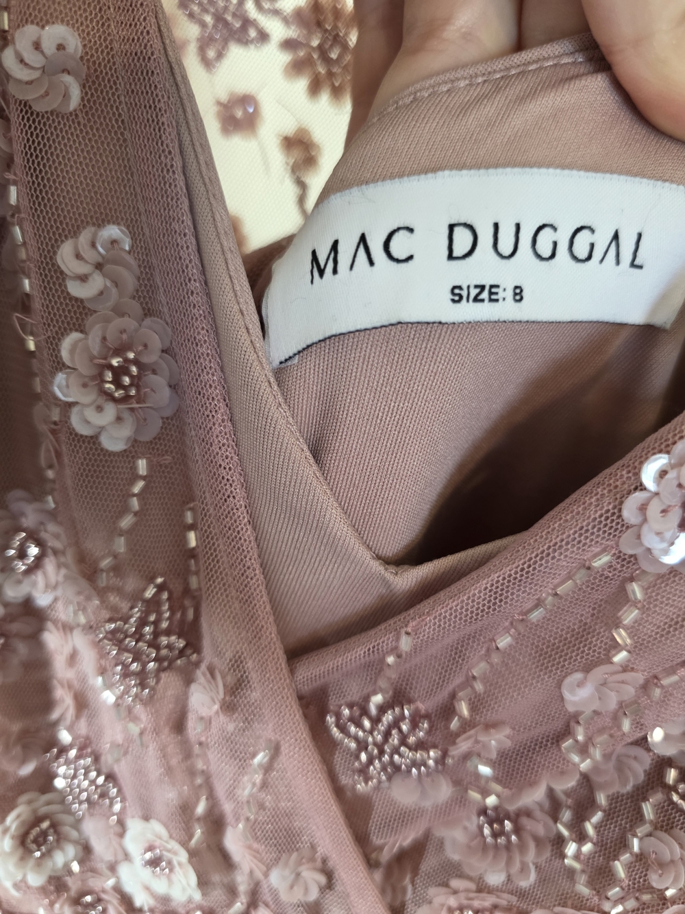 Mac Duggal Mauve Long Sleeve V-Neck Embellished Evening Gown 3D Floral - Picture 8 of 15